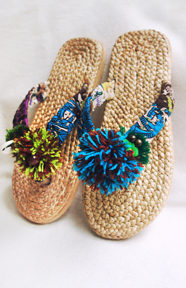 手編水草鞋.彩藍